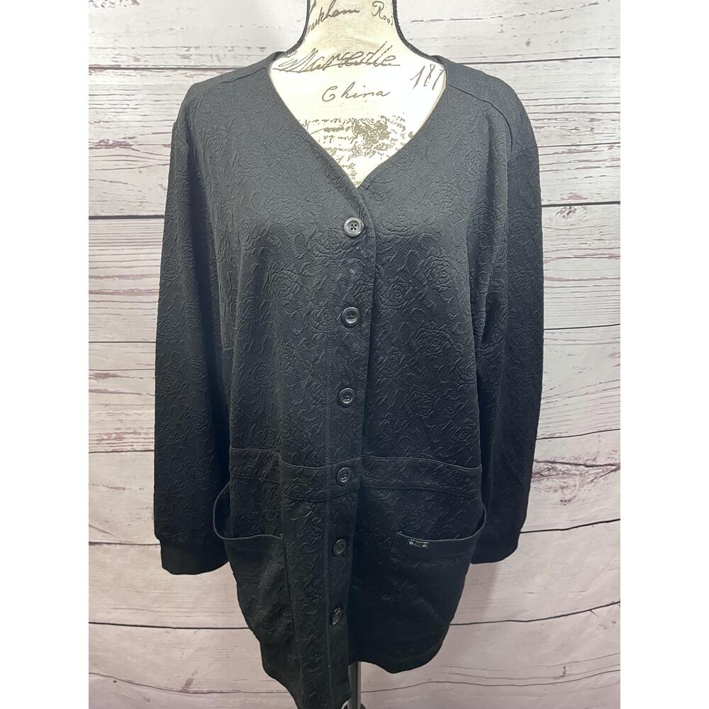 Kai Black Button Up Jacket V Neck 3X Light Weight Textured Fabric
